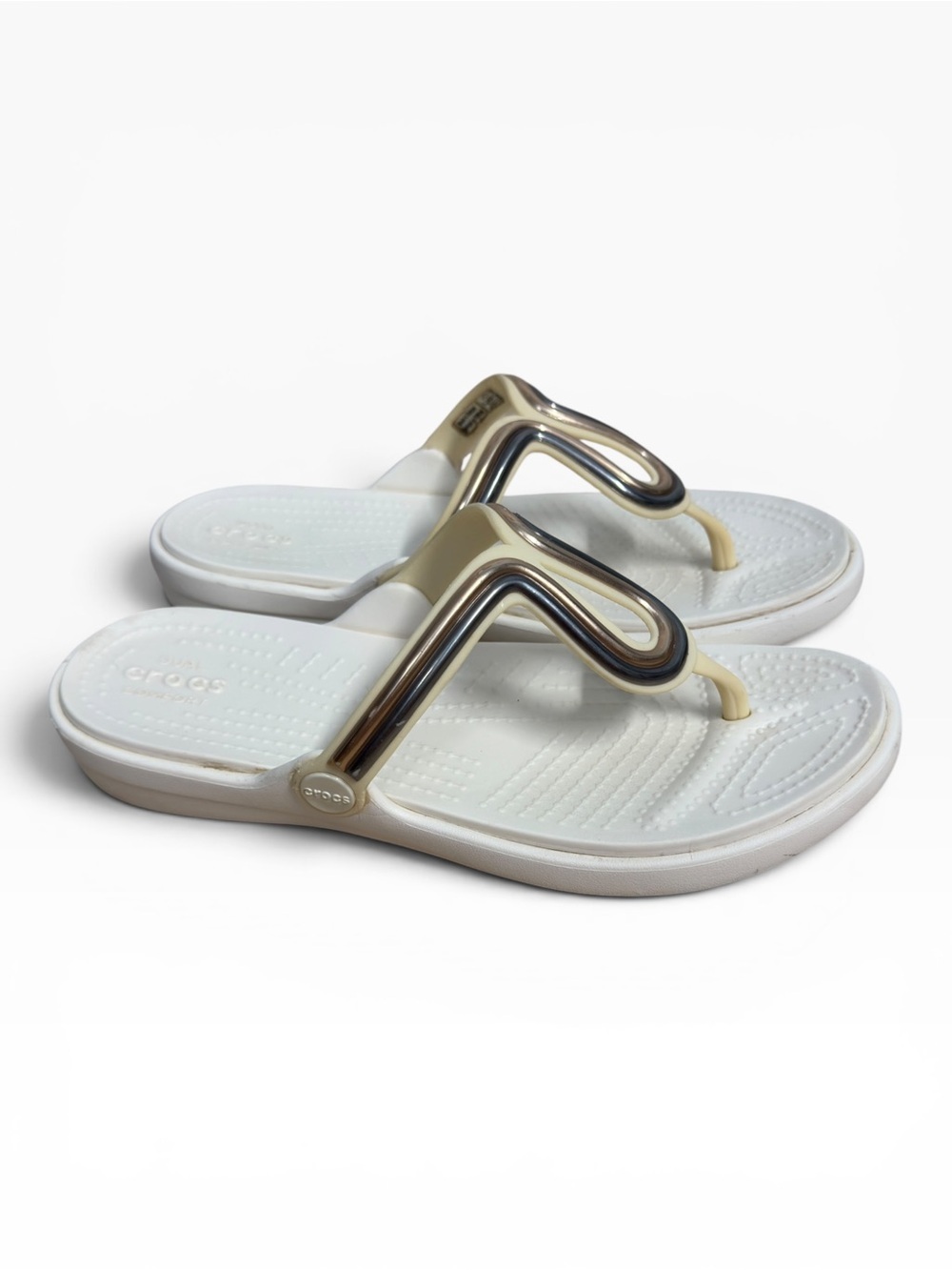 Crocs Sanrah Metal Block Flip Flops White Bronze Comfort Sandals Womens Size 7 - Picture 3 of 8
